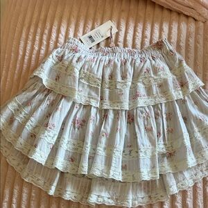 LoveShackFancy Cream and Pink Tiered Mini Skirt